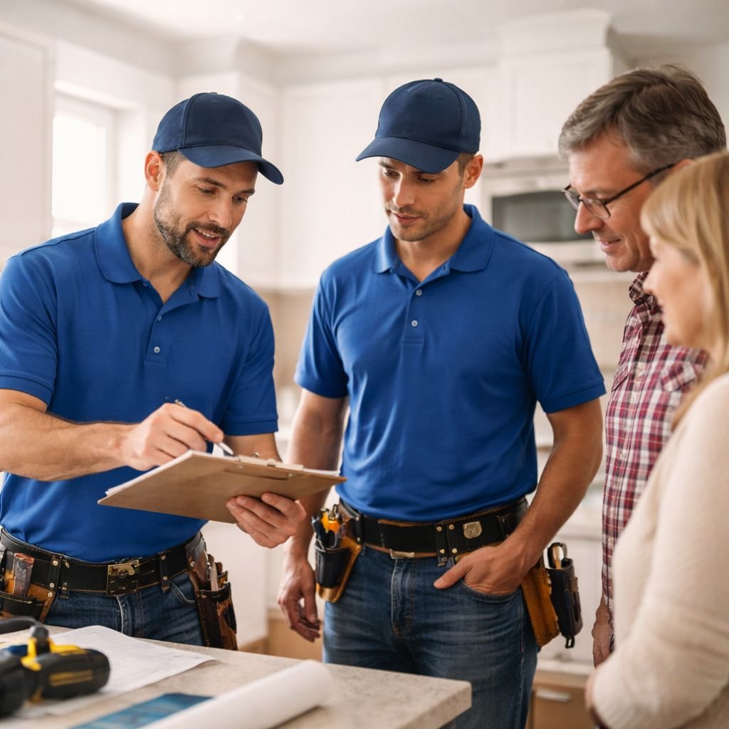 Home repair team discussing work details with homeowners in Nova Scotia