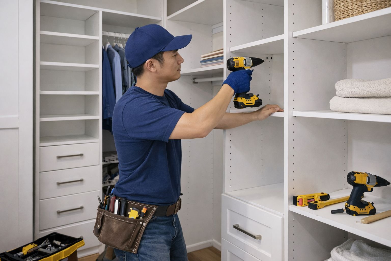 handyman installing storage shelves and wall units in a home
