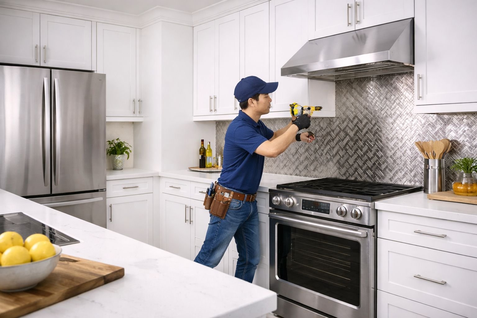handyman installing kitchen appliances in a modern home