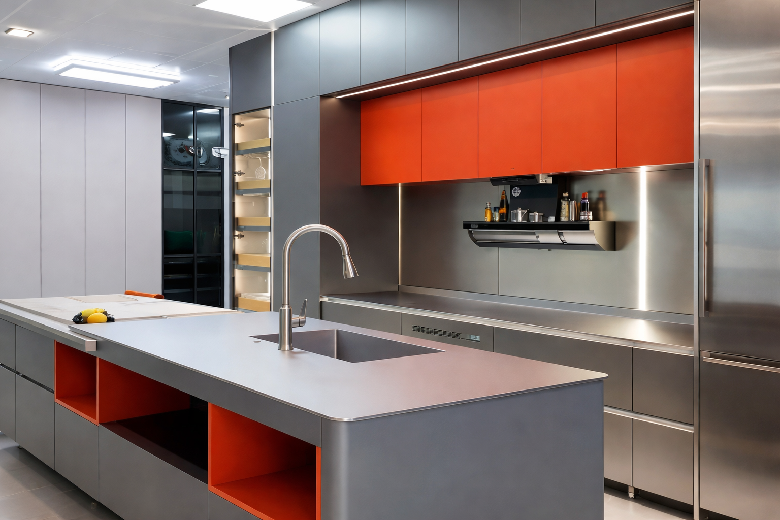 service-1 Modern stainless steel kitchen cabinets installed in a commercial kitchen space