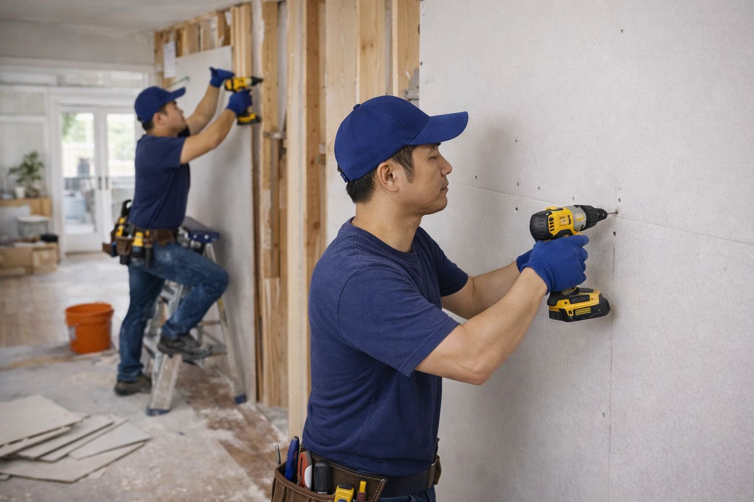 handyman installing drywall panels and securing wall boards during interior repair work.