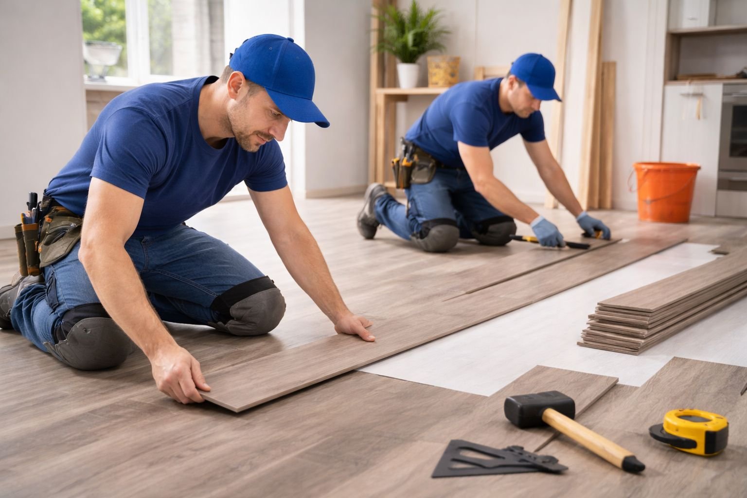 workers installing laminate flooring in a residential home