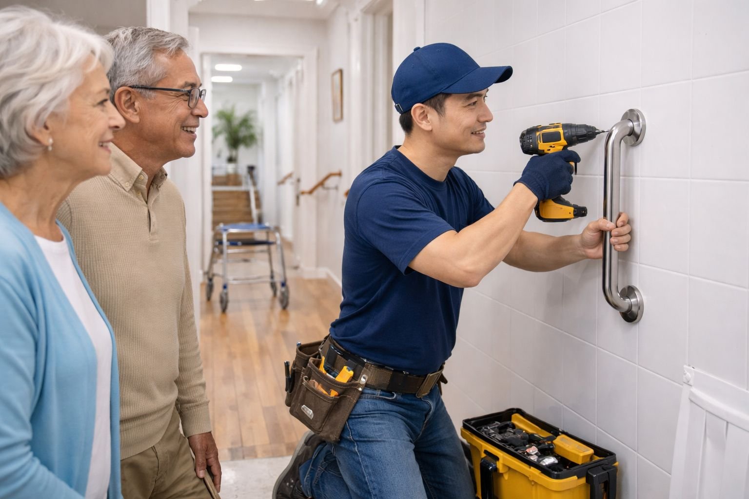 Handyman installing a safety grab bar for an elderly couple at home