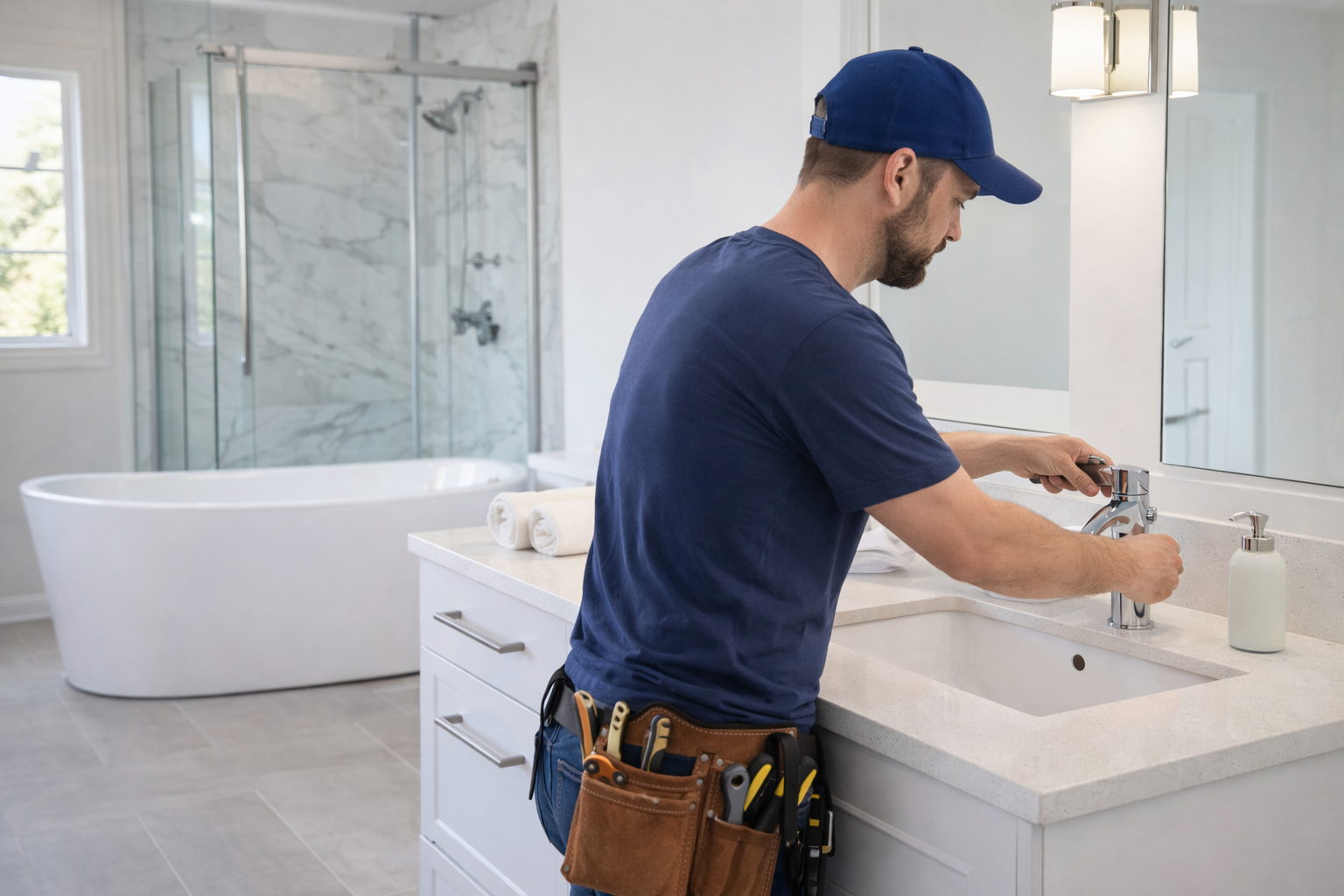 service-1 technician installing a new bathroom faucet in a modern bathroom