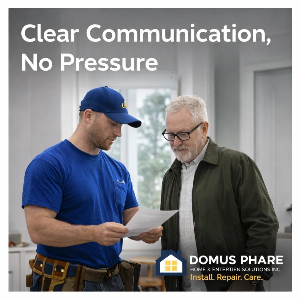 Home service technician explaining a repair plan to a homeowner in Pictou County, Nova Scotia