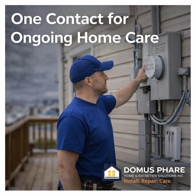Home service technician checking an electrical meter during routine home maintenance in Pictou County, Nova Scotia